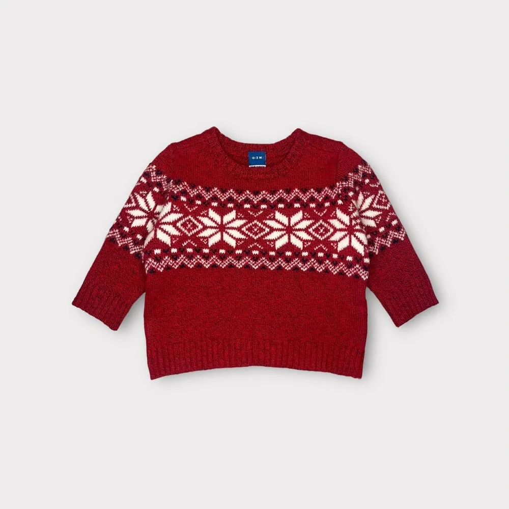 Old Navy Fair Isle Holiday Snow Pattern Red Knit Sweater